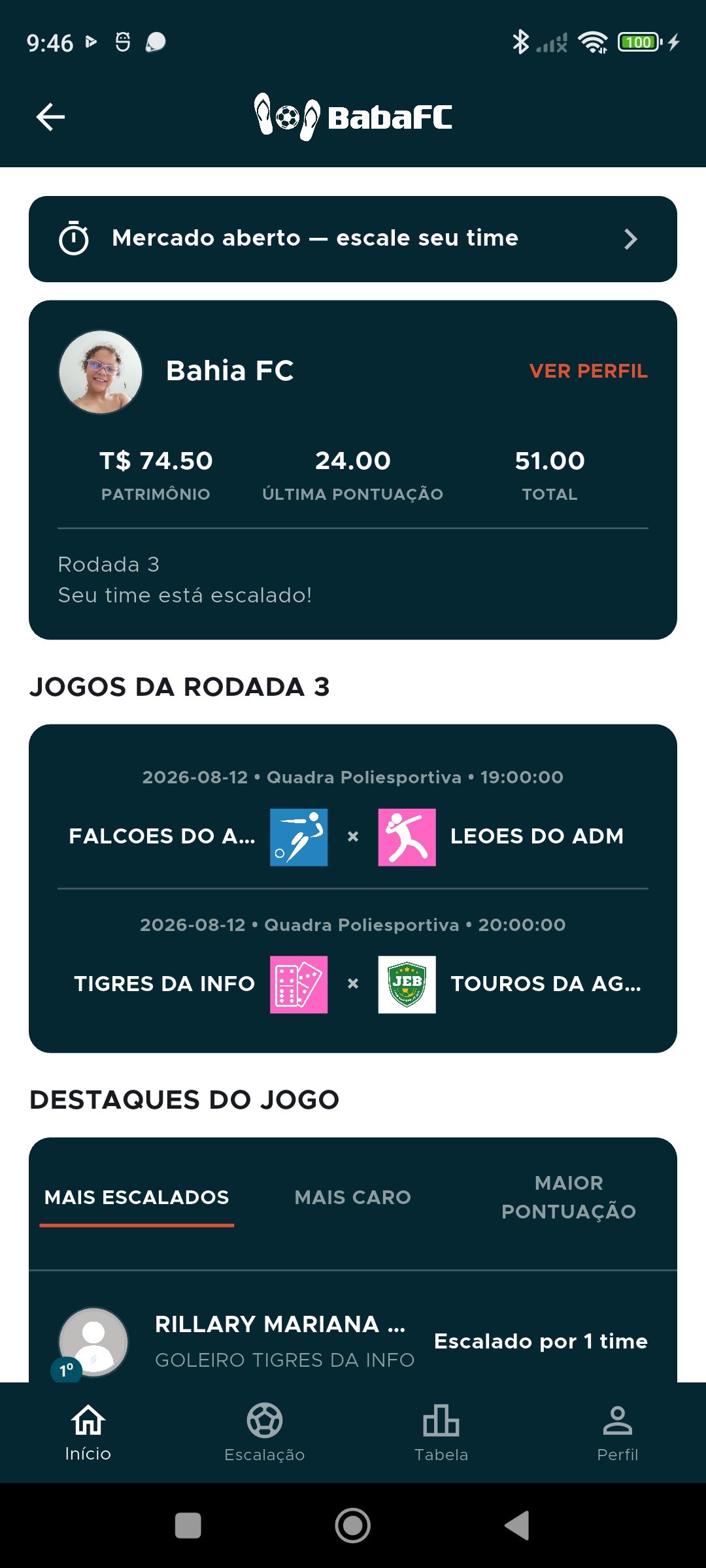 Tela inicial do Baba FC no CetepApp, mostrando o time Bahia FC, saldo, pontuação e os jogos da rodada