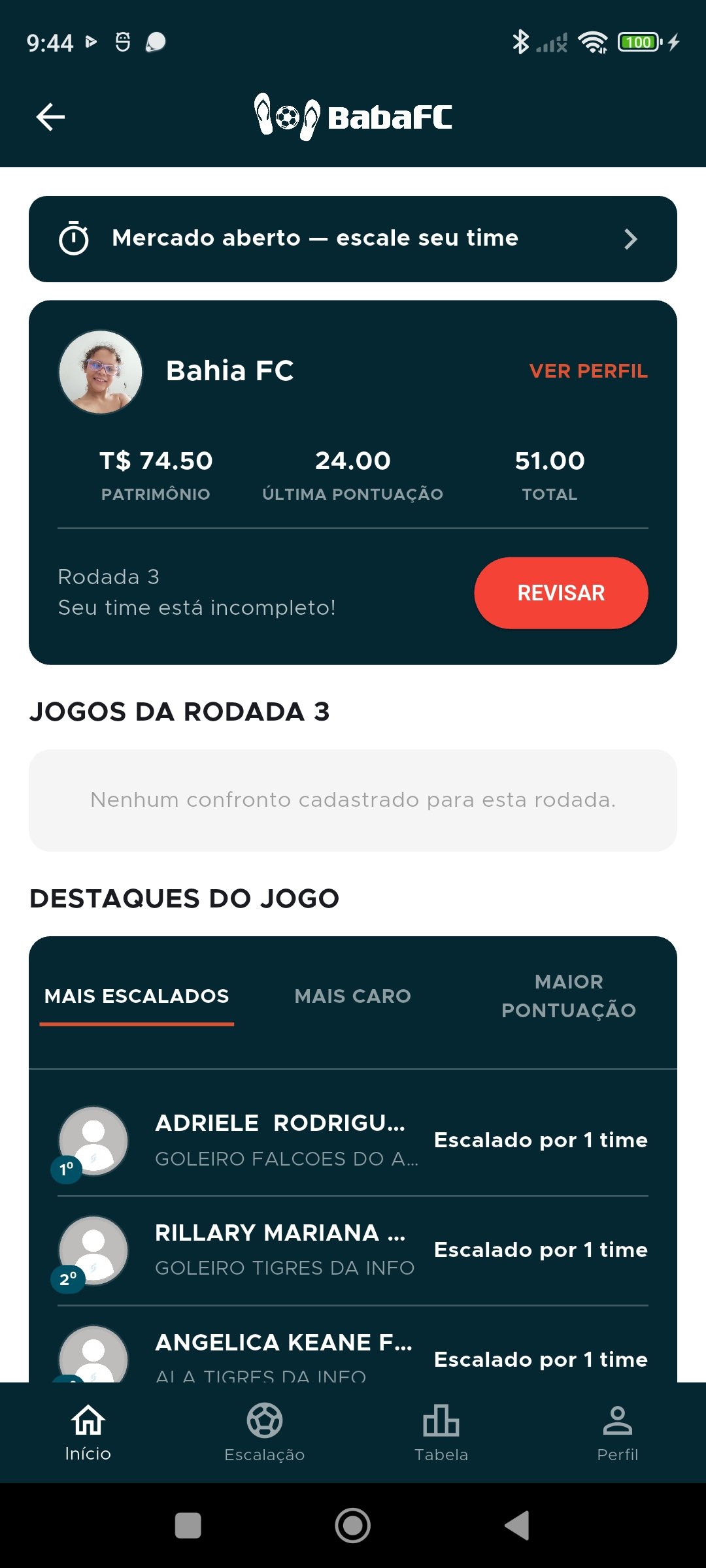 Painel inicial do Baba FC com mercado aberto, patrimônio, última pontuação e total do time