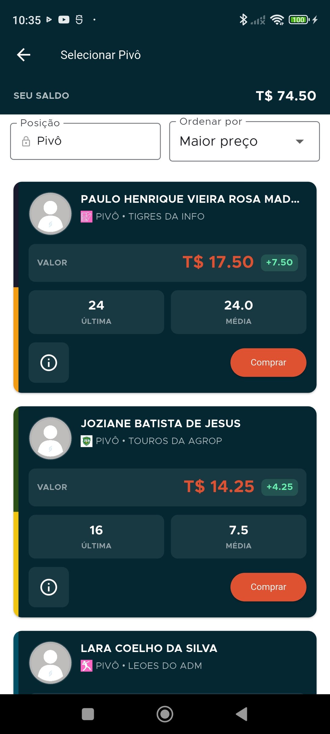 Tela do mercado de jogadores no CetepApp, com filtro por posição, preço, última pontuação, média e botão de comprar